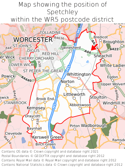 Map showing location of Spetchley within WR5