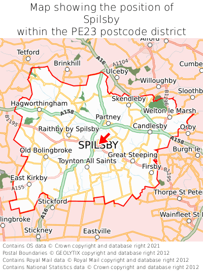 Map showing location of Spilsby within PE23