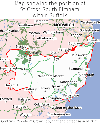 Map showing location of St Cross South Elmham within Suffolk