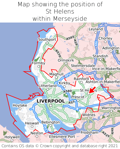 Map showing location of St Helens within Merseyside