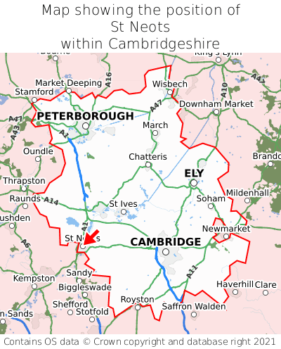 Map showing location of St Neots within Cambridgeshire