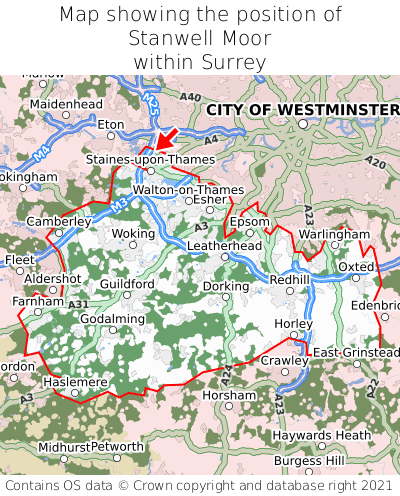 Map showing location of Stanwell Moor within Surrey