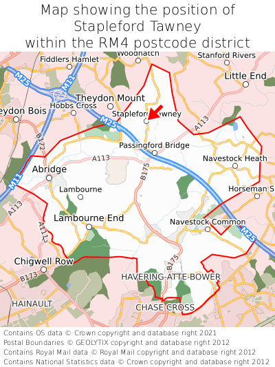 Map showing location of Stapleford Tawney within RM4