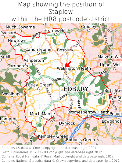 Map showing location of Staplow within HR8