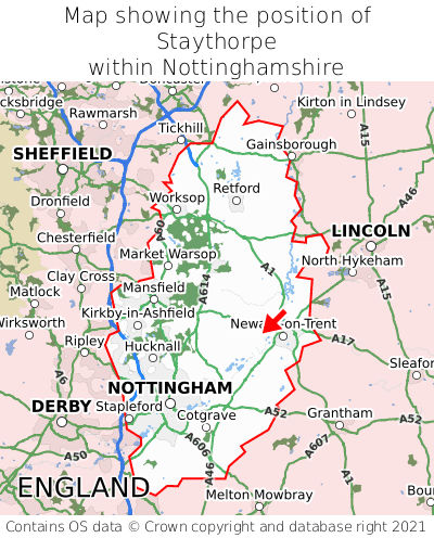 Map showing location of Staythorpe within Nottinghamshire