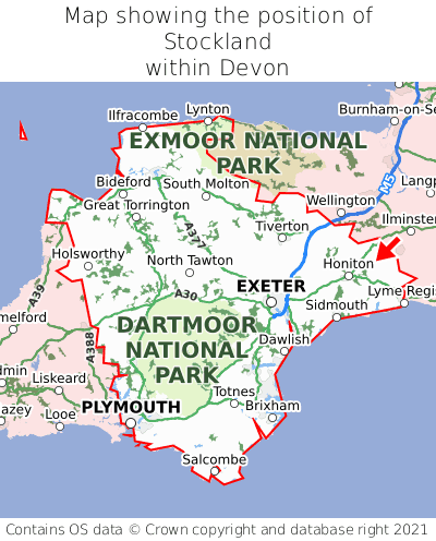 Map showing location of Stockland within Devon