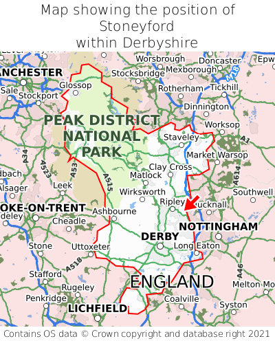 Map showing location of Stoneyford within Derbyshire