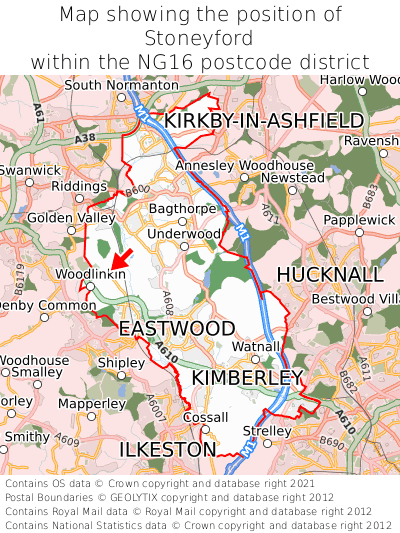 Map showing location of Stoneyford within NG16