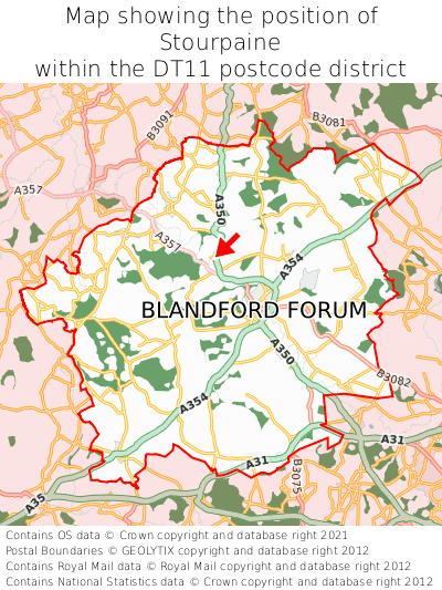 Map showing location of Stourpaine within DT11