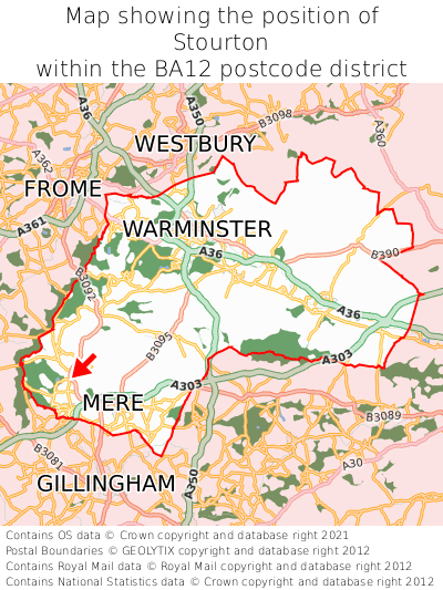 Map showing location of Stourton within BA12