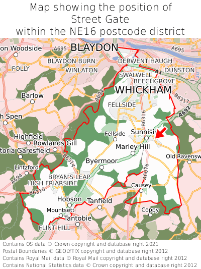 Map showing location of Street Gate within NE16