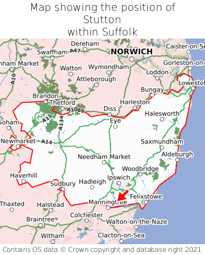 Map showing location of Stutton within Suffolk