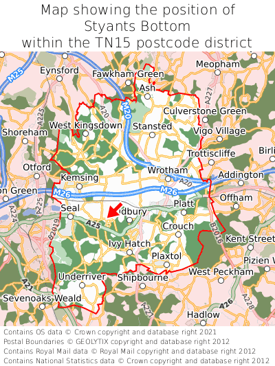 Map showing location of Styants Bottom within TN15