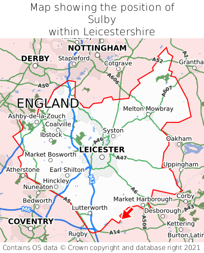 Map showing location of Sulby within Leicestershire