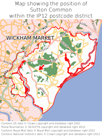 Map showing location of Sutton Common within IP12