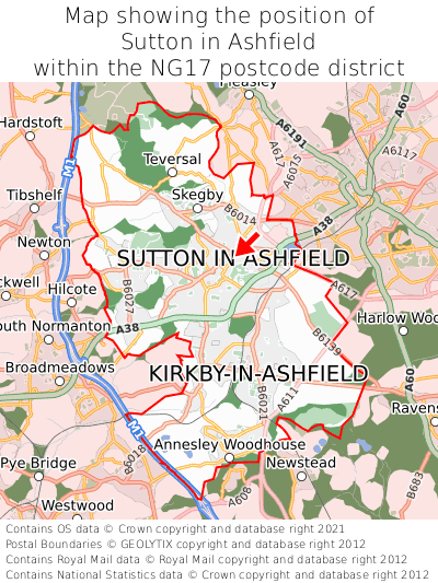 Map showing location of Sutton in Ashfield within NG17