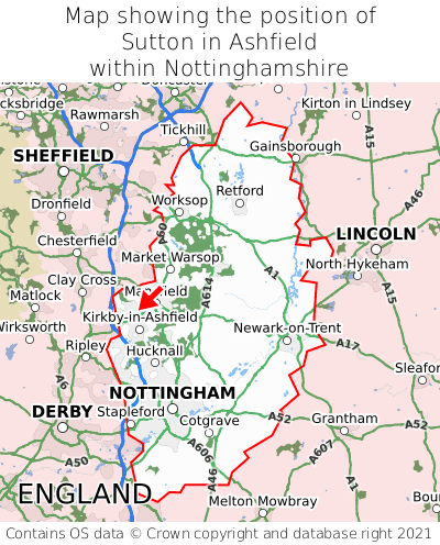 Map showing location of Sutton in Ashfield within Nottinghamshire