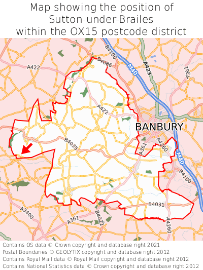 Map showing location of Sutton-under-Brailes within OX15