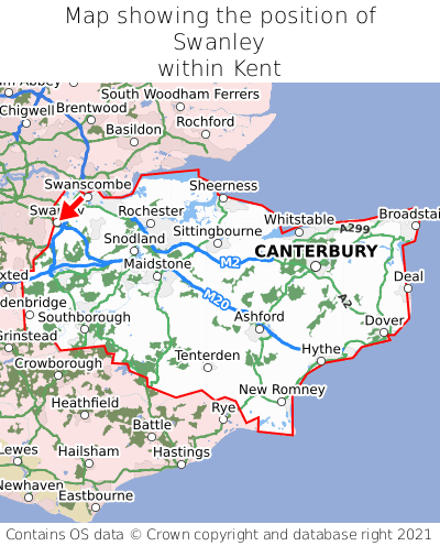 Map showing location of Swanley within Kent