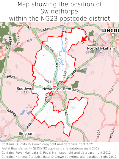 Map showing location of Swinethorpe within NG23