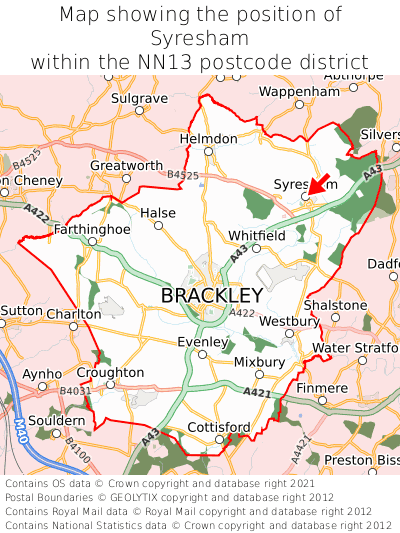 Map showing location of Syresham within NN13