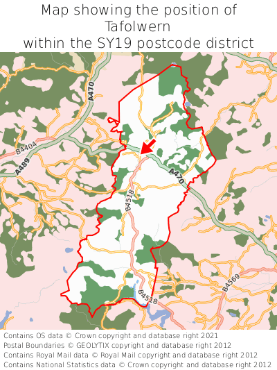 Map showing location of Tafolwern within SY19