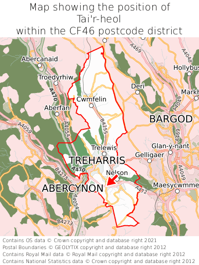 Map showing location of Tai'r-heol within CF46