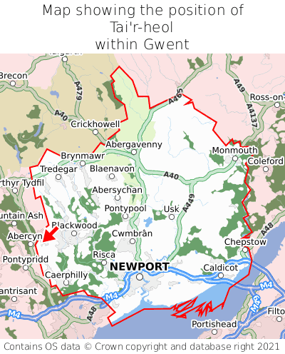 Map showing location of Tai'r-heol within Gwent