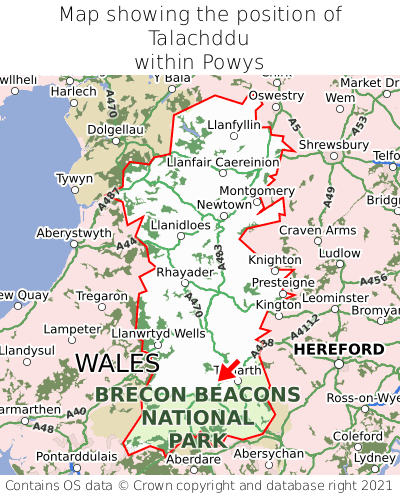 Map showing location of Talachddu within Powys