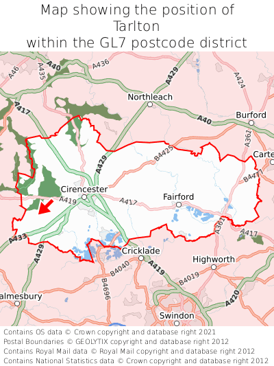 Map showing location of Tarlton within GL7