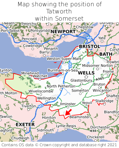 Map showing location of Tatworth within Somerset