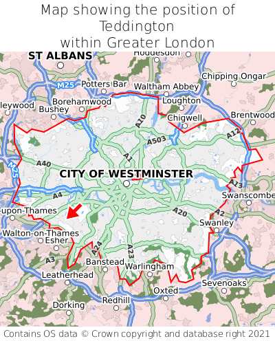 Map showing location of Teddington within Greater London