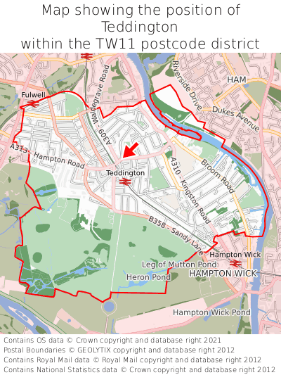 Map showing location of Teddington within TW11