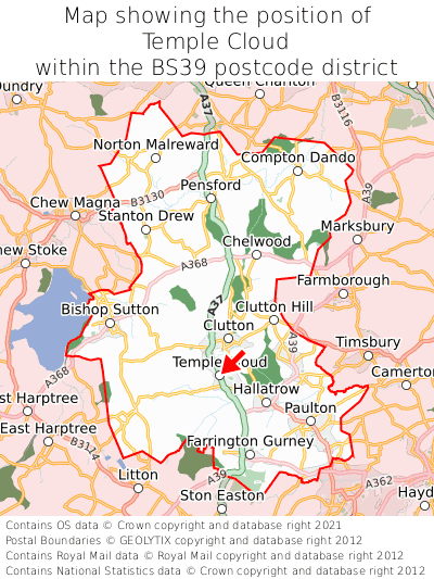 Map showing location of Temple Cloud within BS39