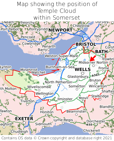 Map showing location of Temple Cloud within Somerset