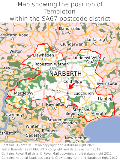 Map showing location of Templeton within SA67