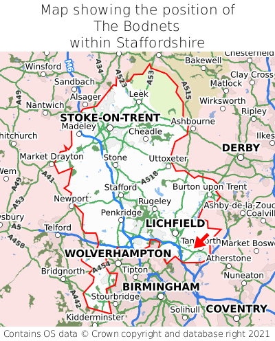 Map showing location of The Bodnets within Staffordshire