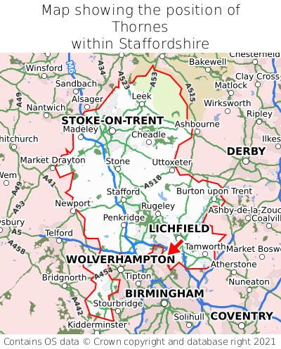 Map showing location of Thornes within Staffordshire