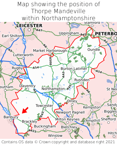 Map showing location of Thorpe Mandeville within Northamptonshire