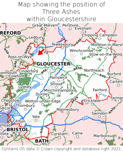 Map showing location of Three Ashes within Gloucestershire