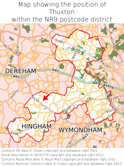 Map showing location of Thuxton within NR9