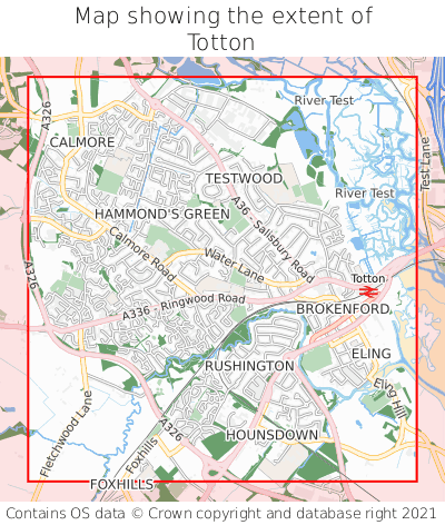 Map showing extent of Totton as bounding box