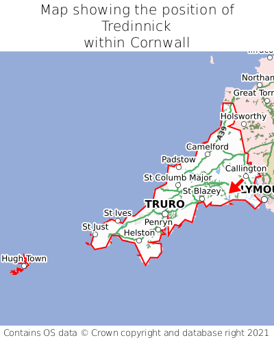 Map showing location of Tredinnick within Cornwall