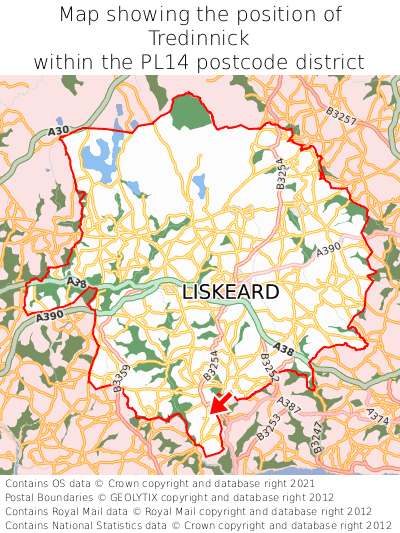 Map showing location of Tredinnick within PL14