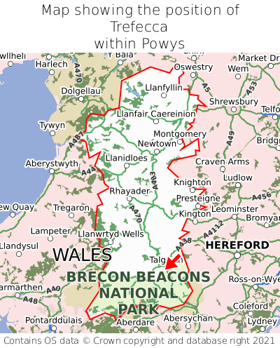 Map showing location of Trefecca within Powys