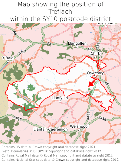 Map showing location of Treflach within SY10