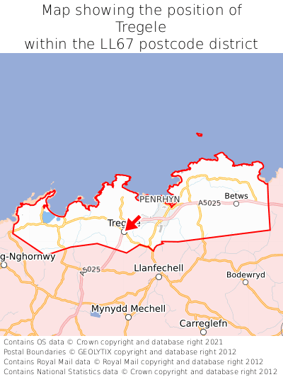 Map showing location of Tregele within LL67