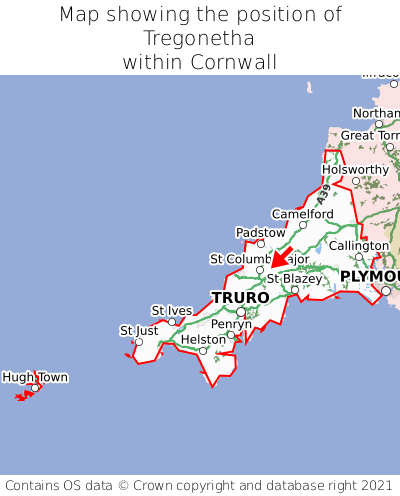 Map showing location of Tregonetha within Cornwall