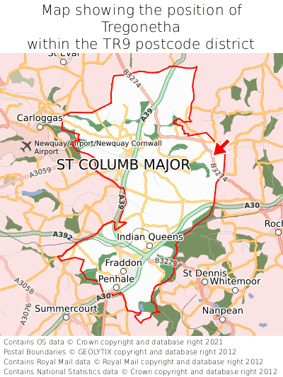 Map showing location of Tregonetha within TR9