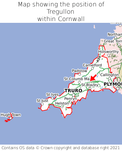 Map showing location of Tregullon within Cornwall